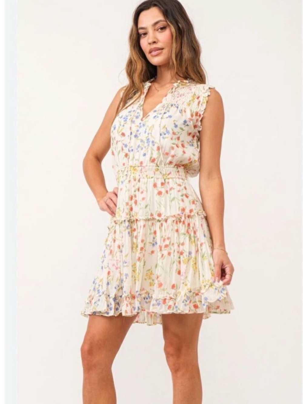 Dear John Melodie Smocked Floral Mini Dress Ivory Boho Garden Party Size S
